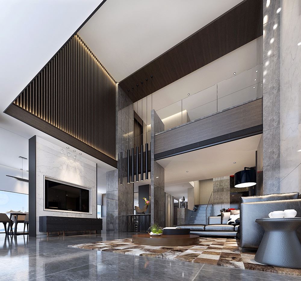 黑白灰现代简约风格室内装修效果图-清远天湖郦都别墅420平米